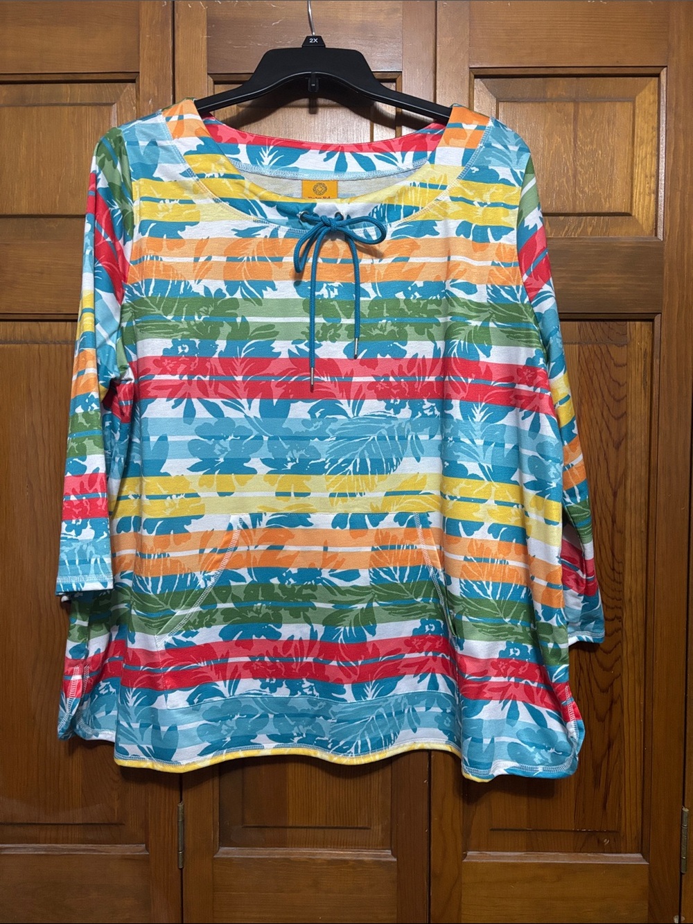 Ruby Rd. Multicolor Striped Tropical Tie-Neck Tunic